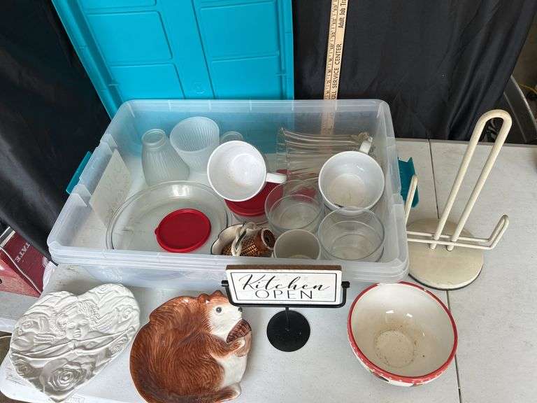 Tote Of Glassware, Paper Towel Holder, Etc.