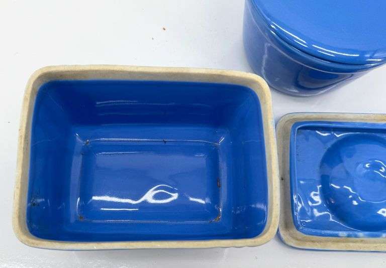Two Hall China Company Blue Ceramic Containers