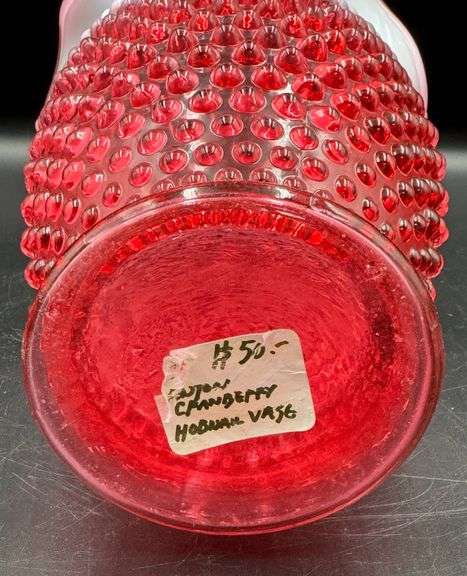 Fenton Cranberry Red Hobnail Glass Vase with Ruffled Edge Large