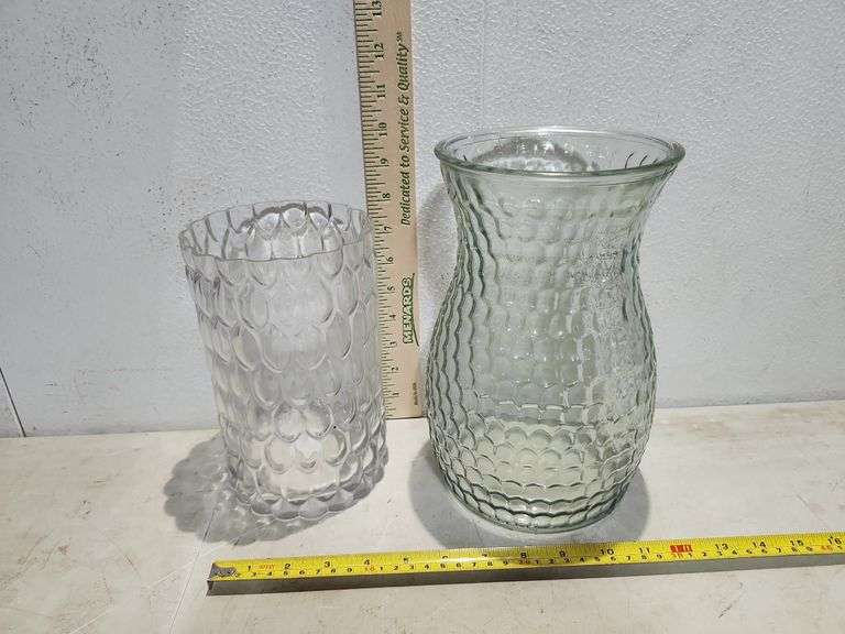 10'' Belly Glass Vase And 8.5'' Clear Glass Vase That Has Hairline Crack
