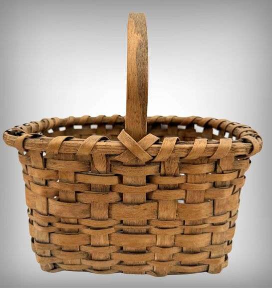 Antique Handwoven Wooden Woven Basket With Handle