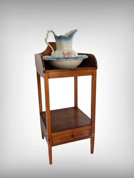 Antique Maple Washstand With Ceramic Basin And Pitcher