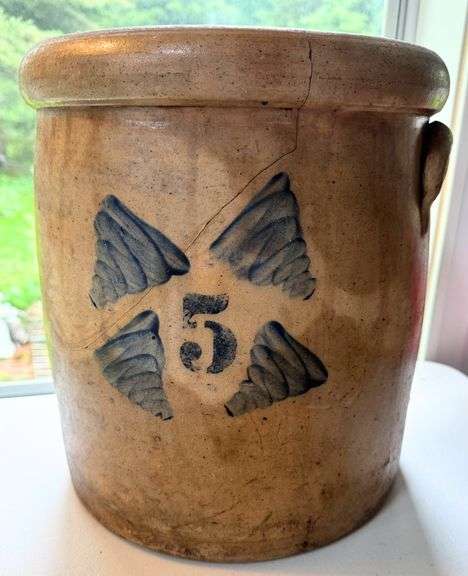 5-Gallon Salt-Glazed Stoneware Crock with Blue Tornado Design