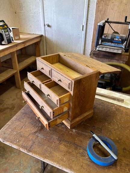 Wooden Miniature Chest with Six Drawers and Brass Pulls