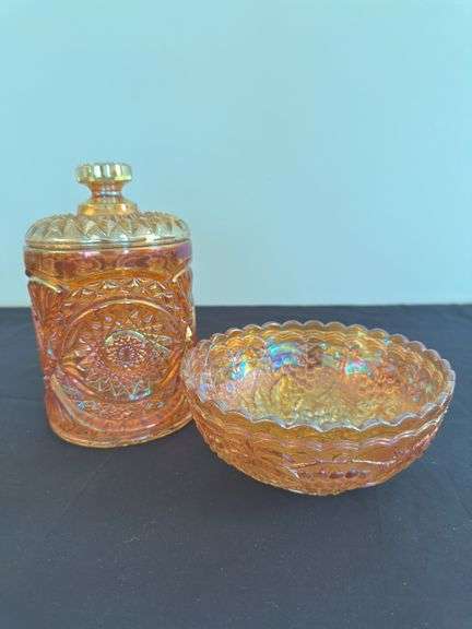 Carnival Glass Set (2 pieces) Canister w/ Lid & Bowl