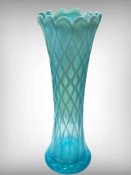 Vintage Jefferson Glass Blue Opalescent Diamond Glass Vase with Diamond Lattice Design