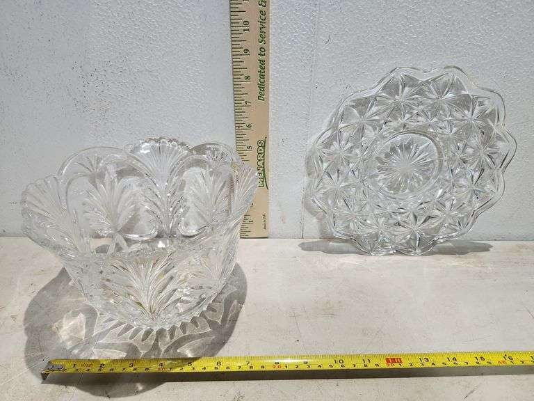 Clear Cut Glass Bowl 6.5'' X 8'' X 8'' And 9'' Clear Glass Plate