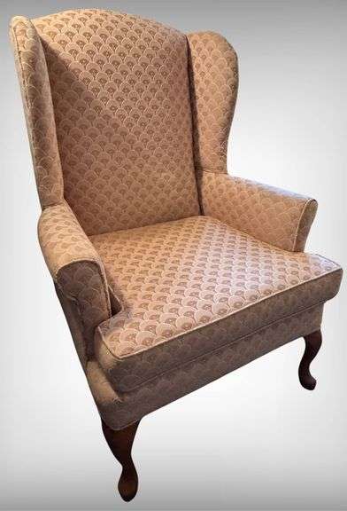 Wingback Chair with Patterned Upholstery and Queen Anne-Style Legs