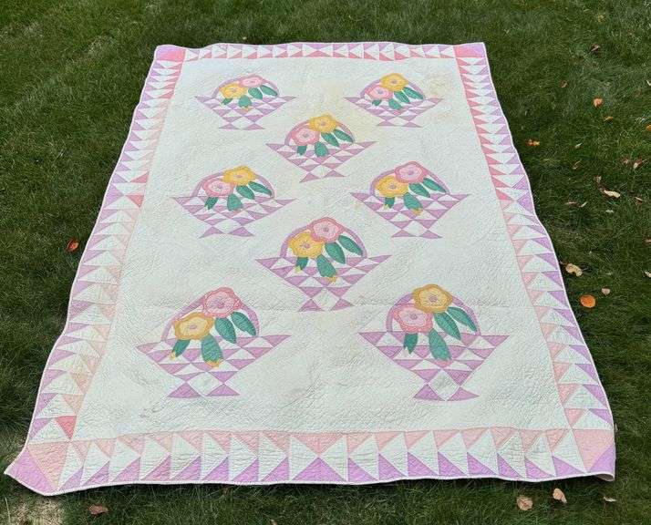 Handmade Pink and White Floral Basket Quilt with Triangular Border Design