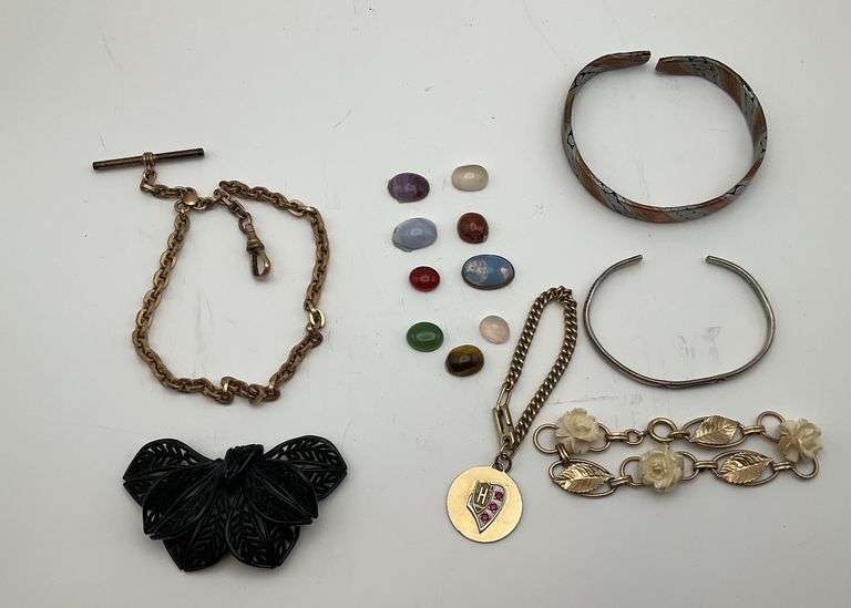 Assorted Bracelets, Fobs, Loose Stones and a Vintage Butterfly Mourning Pin