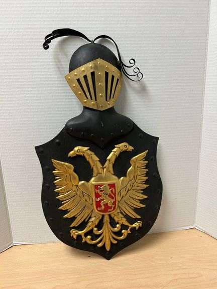 Medieval-Style Wall Plaque with Knight Helmet and Crest
