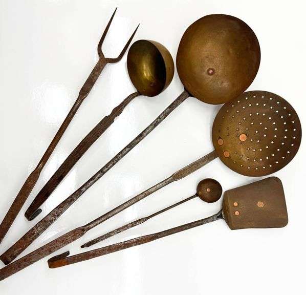 6 Hand-Forged Iron and Brass Kitchen Utensils