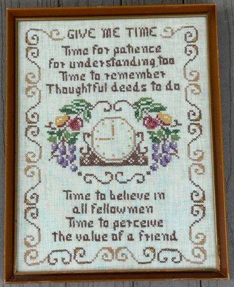 Vintage Framed Cross-Stitch Artwork with Floral Design