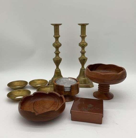 Vintage Coasters, Wood Pieces and Brass Candlestick Holders with Drip Trays