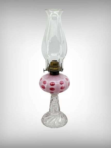 Victorian Style Cranberry Coindot Glass Oil Lamp with Clear Glass Base