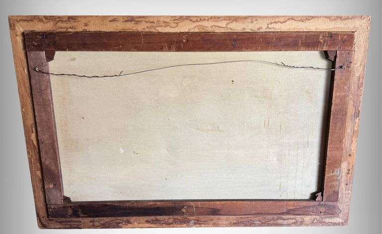 Antique Reverse Painted Framed Landscape Painting with House and Tree