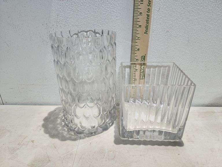 2 Clear At Home Glass Vases Tallest Is 8" And Has Crack