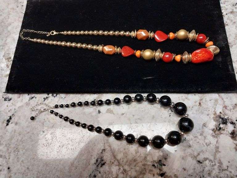 Two Statement Necklaces – Red & Gold and Black Beaded