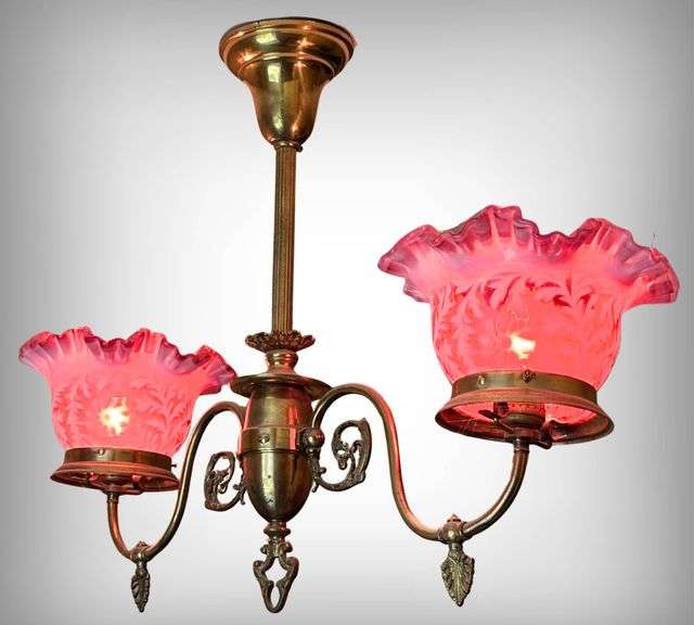 Stunning Antique Brass Two-Arm Gas Pendant Chandelier/ Fenton Cranberry Opalescent Daisy and Fern Gl
