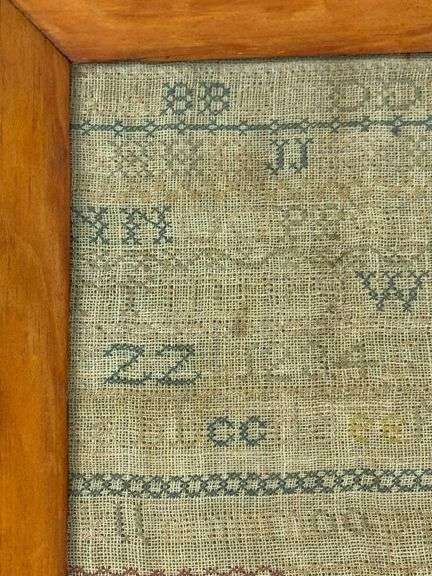“1866” Framed Needlework Sampler on Burlap with  Antique Wooden Frame