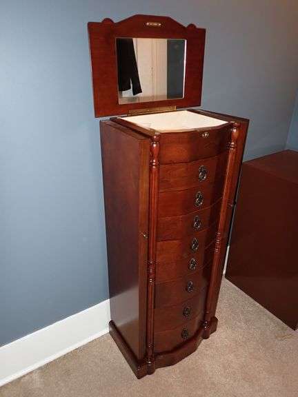 8 Drawer 2 Wing Wood Jewelry Armoire w/Mirror lid.