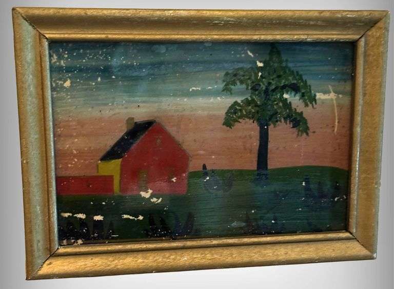 Antique Reverse Painted Framed Landscape Painting with House and Tree