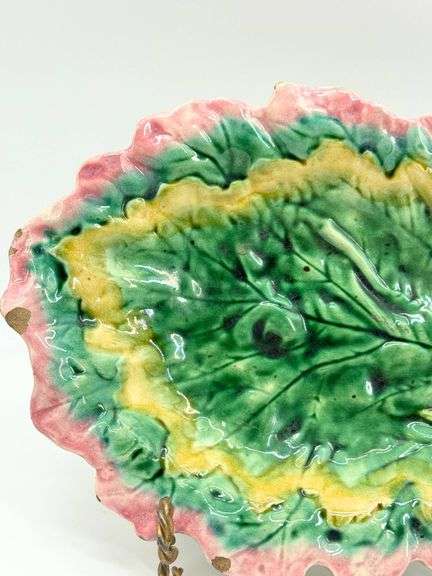 Antique Etruscan Majolica Leaf-Shaped Dish with Handle