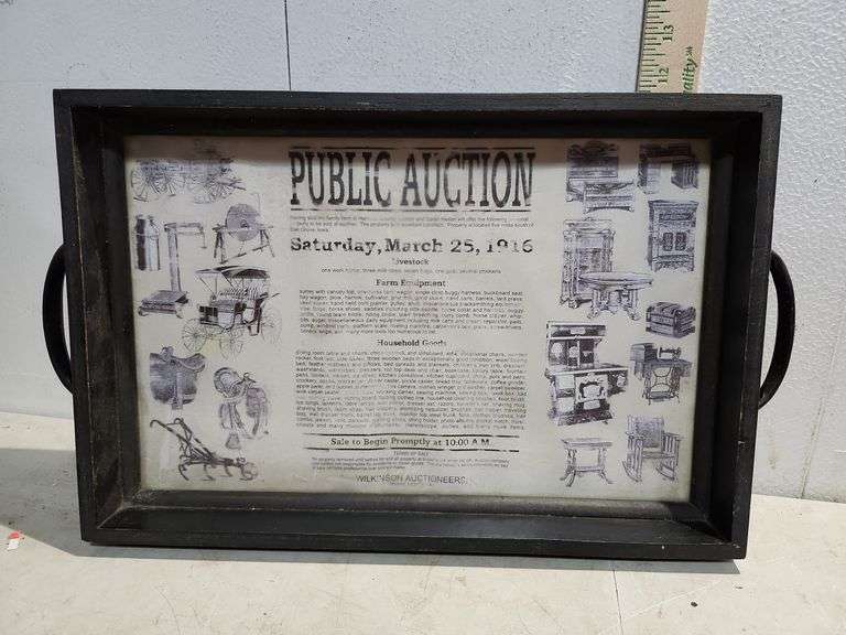Wood Tray W/Public Auction Ad On Inside  19.5''X11.5''