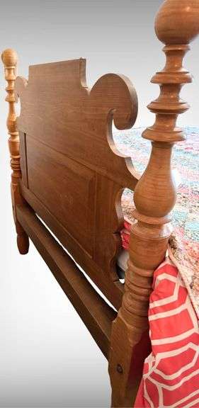 BEAUTIFUL 1850’s Antique Curly Maple Spindle  “ROPE” Bed  With Turned Posts and Decorative Headboard