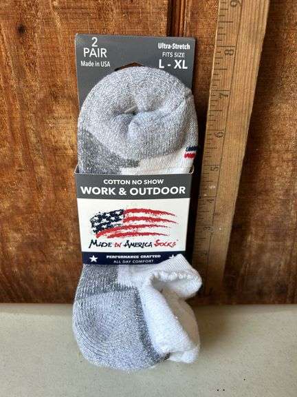 2 Pair L/XL Made In America Cotton No Show Work & Outdoor Ultra Stretch Socks