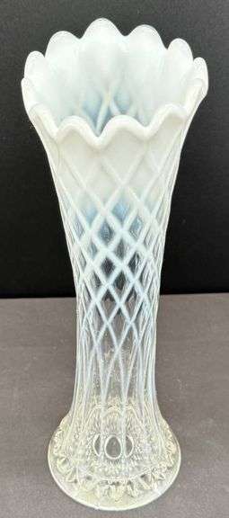Jefferson Glass White Opalescent Diamond and Thumbprint Vase