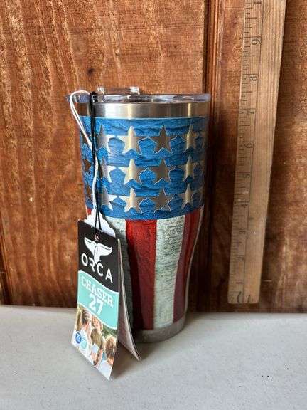 Orca Chaser 27 oz. Stainless Steel U.S.A. Made Tumbler Cup Vintage Flag