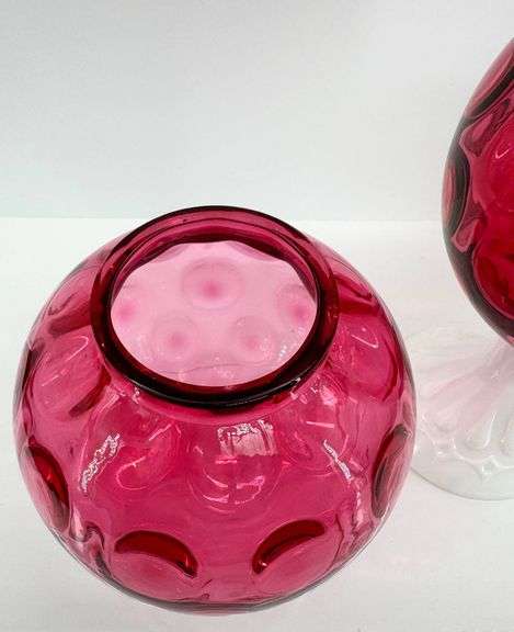 Vintage Fenton Cranberry Coin Dot Ivy Ball Vases
