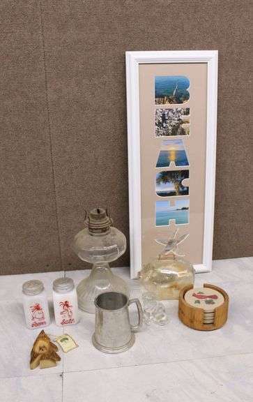 Glass Piggy Bank, Framed Beach-Themed Art, and Salt and Pepper Shakers