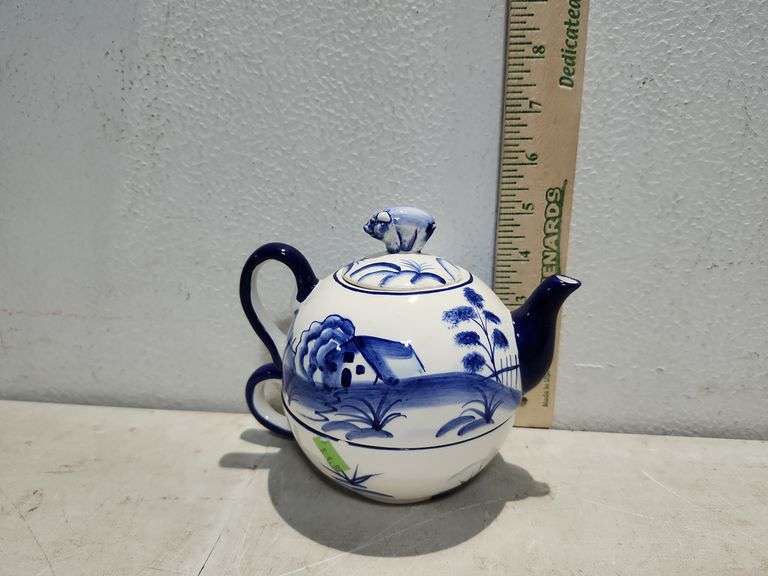 Oriental Blue And White Tea Set Pot Has Chipped Spout And Cup Has Chipped Rim