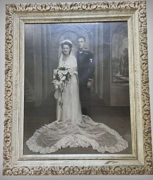 Beautiful Vintage 1944 Wedding Photograph of Bride and Navy Officer in Gorgeous Frame!