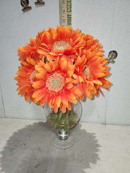Artificial Flowers Set In Resin Glass Vase 12'' Tall
