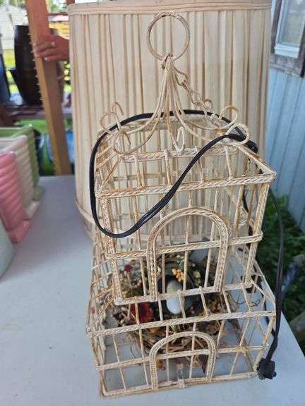 2 lamp shades and birdcage