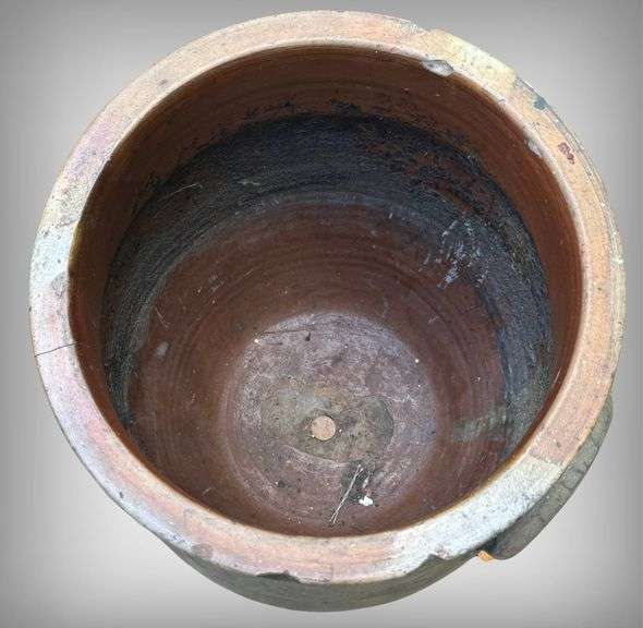 Stoneware Crock with Handles and Blue Decoration