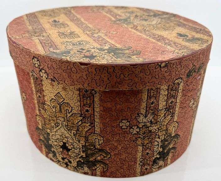 Antique LARGE Floral Wallpaper Band Decorative Box with Lid and