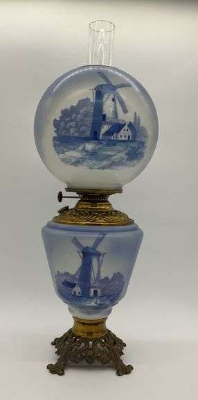 Antique Banquet Oil Lamp with Windmill Scene