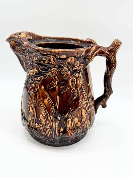 1850’s Rockingham Glaze Bennington Pottery Heron Beer Pitcher “Detailed”