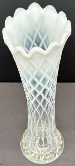 Jefferson Glass White Opalescent Diamond and Thumbprint Vase