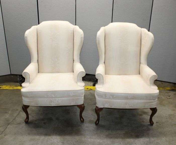 Flexsteel Cream Upholstered Wingback Chairs with Carved Wood Legs