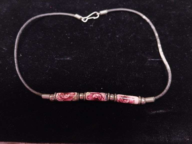 Floral Ceramic Bead Necklace on Cord