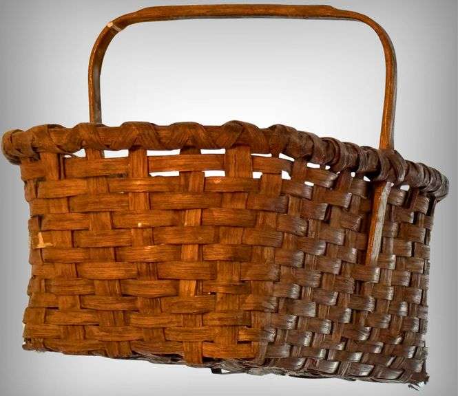 Vintage Handmade Woven Basket With Wooden Handle