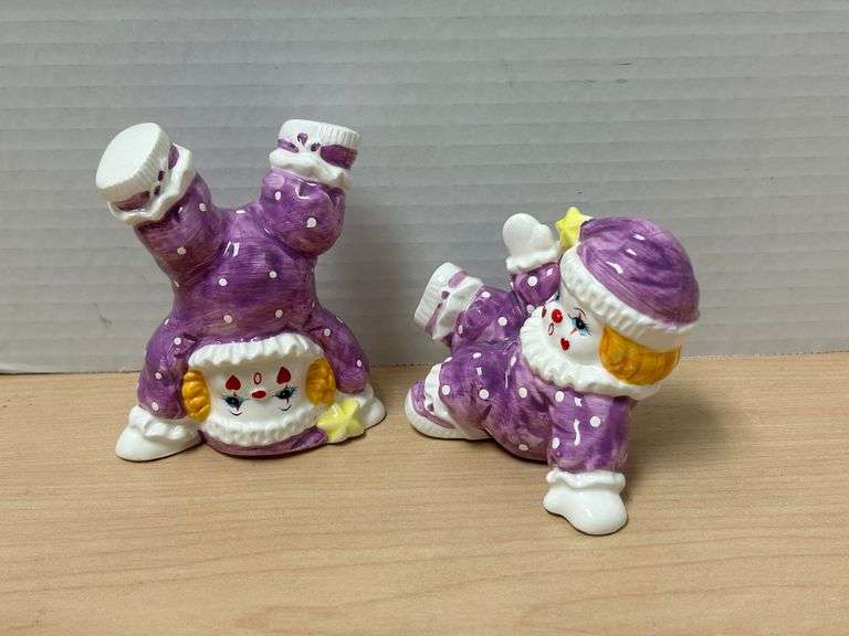 Two Enesco Porcelain Clown Figurines – Playful Poses