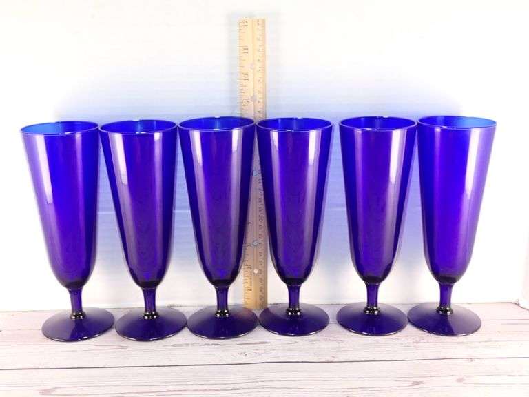 6pc Cobalt Pilsner Glasses Goblets 8 1/4" Vtg Retired Pier 1 Imports "P1C13"