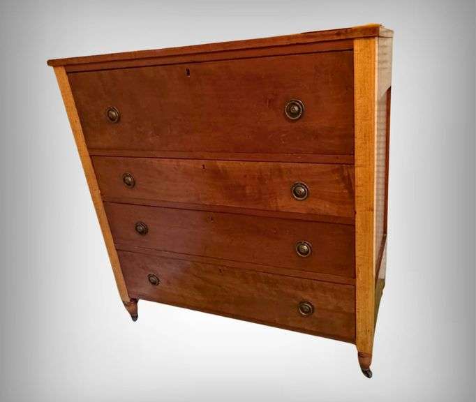 Beautiful 1850’s Four-Drawer Curly Maple Chest with Brass Pulls