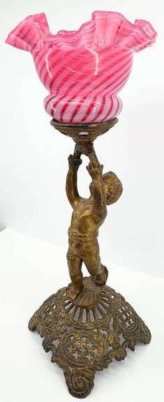 Antique BEAUTIFUL Decorative Brass Cherub Oil Lamp with Cranberry Swirl Ruffled Glass Shade